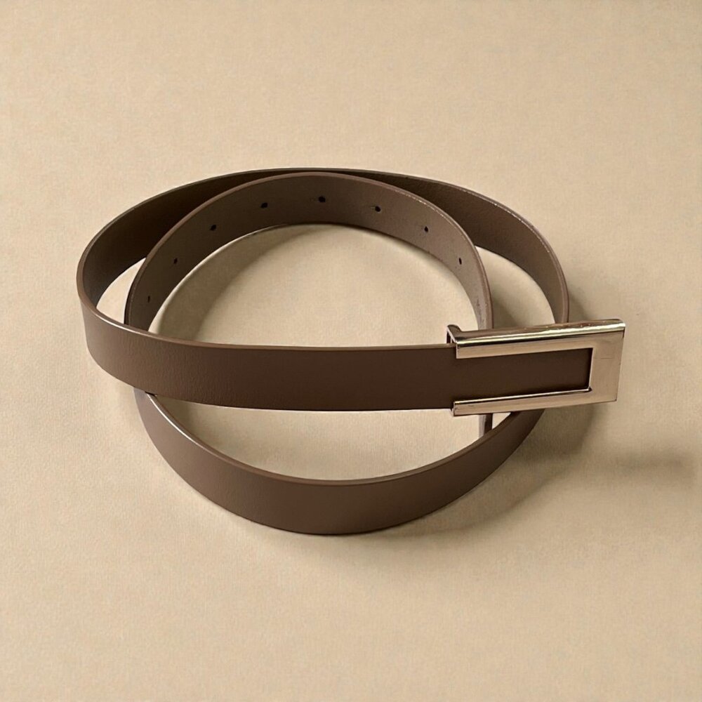 Genuine Leather Brown Belt Gold Tone Rectangular Buckle 33”